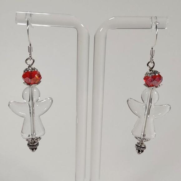 Handmade Clear Acrylic Angel With Glass Bead Pierced Ear Fishhook Post Earrings - Picture 3 of 6